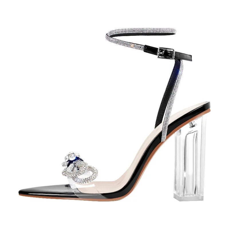 Rhinestone Bow Clear Chunky Heel Sandals