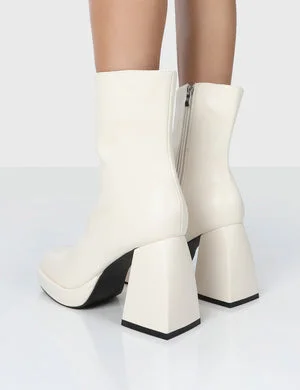 Clover Ecru Pu Chunky Heel Ankle Boots