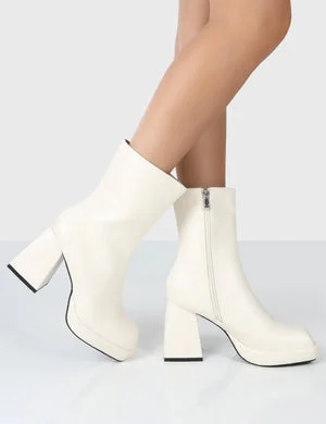 Clover Ecru Pu Chunky Heel Ankle Boots