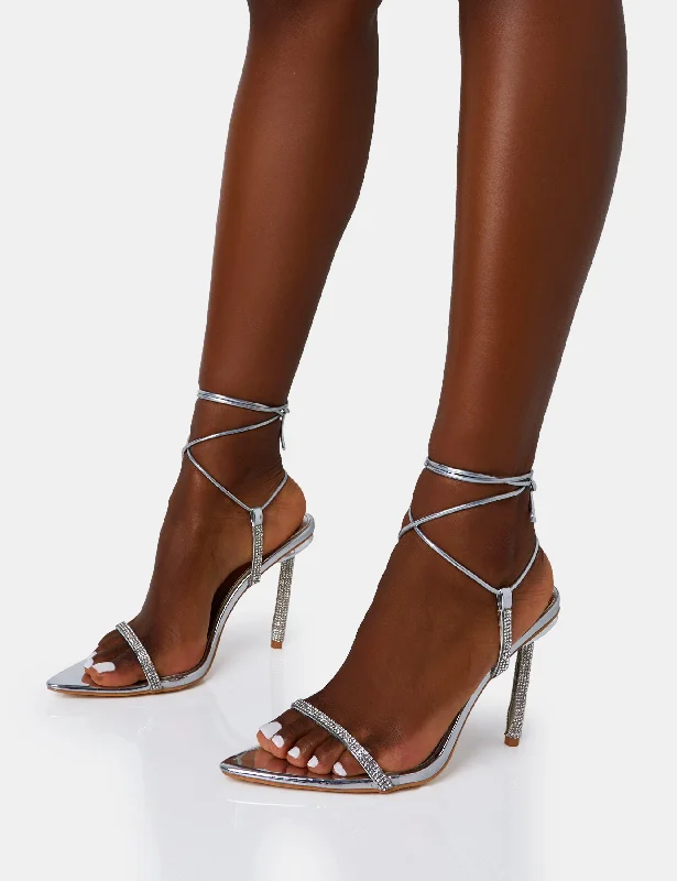 Dream Silver Mirror Strappy Diamante Heel Detail Pointed Toe Stiletto