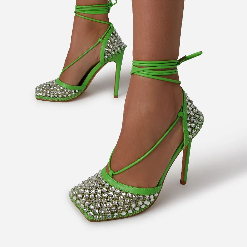 Genoa Diamante Detail Lace Up Square Toe Court Heel In Green Fishnet