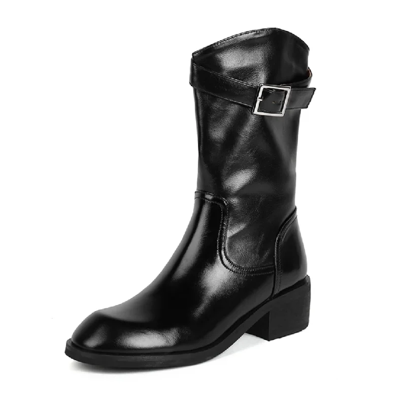 Julianti Women's Winter Round Toe Leather Black Boots  Square Metal Buckle Mid-Calf