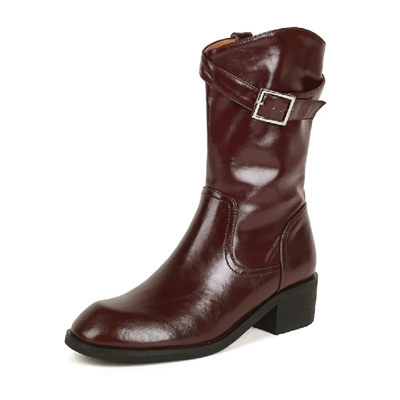 Julianti Women's Winter Round Toe Leather Boots Square Metal Buckle Mid-Calf