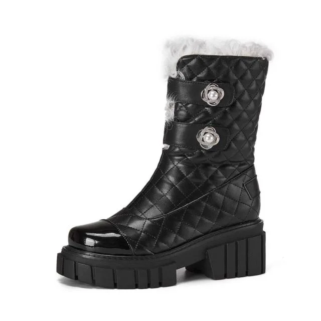 Kristen Women's Black High Heel Snow Boots with Pearl Mid-Calf Decoration