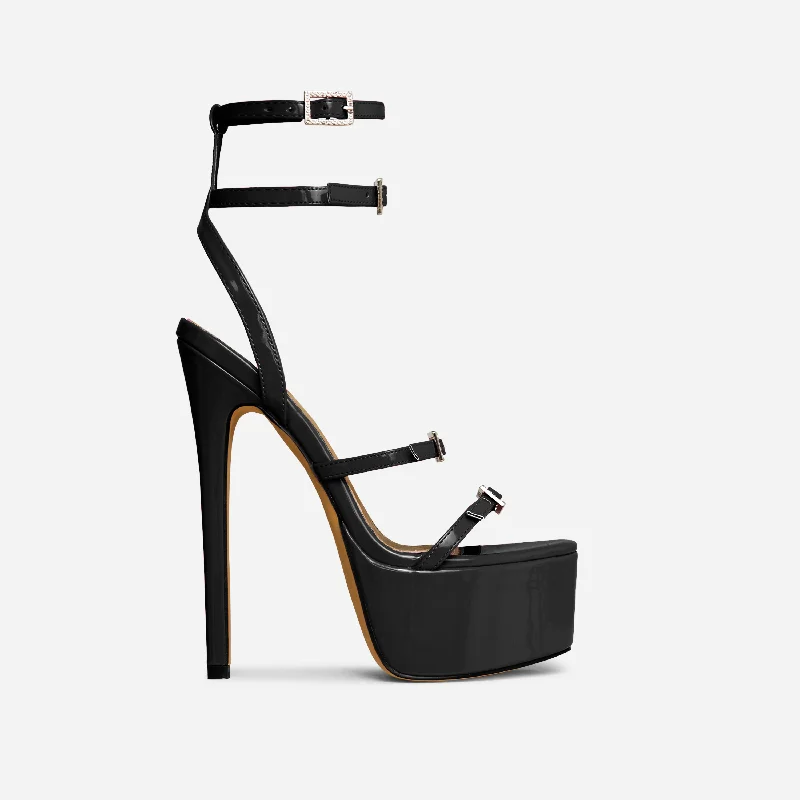 La-Playa Diamante Buckle Strap Open Toe Extreme Platform Stiletto Heel In Black Patent