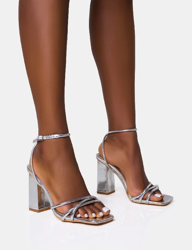 Miley Silver Mirror Strappy Square Toe Block Heels