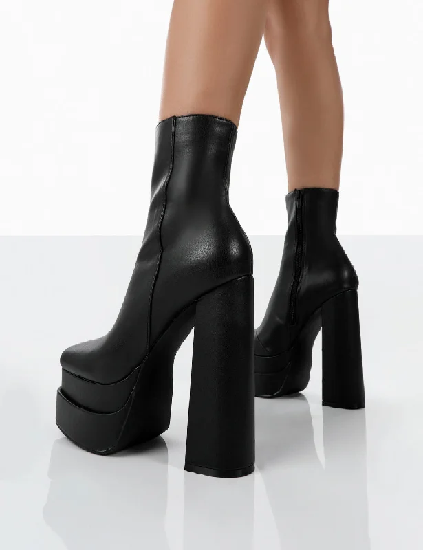 Supine Wide Fit Black Pu Chunky Platform High Heeled Ankle Boots