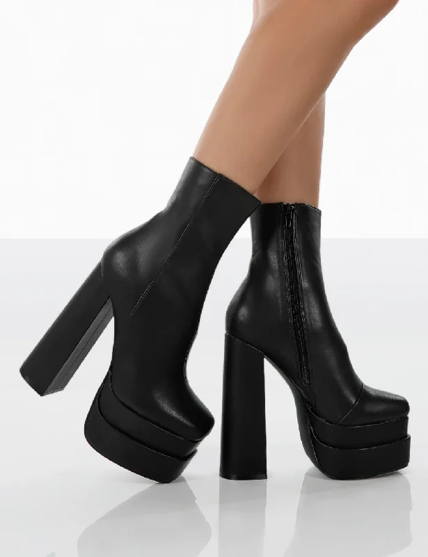 Supine Wide Fit Black Pu Chunky Platform High Heeled Ankle Boots