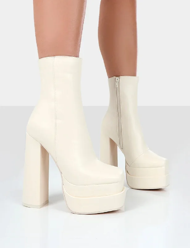 Supine Wide Fit Ecru Pu Chunky Platform High Heeled Ankle Boots