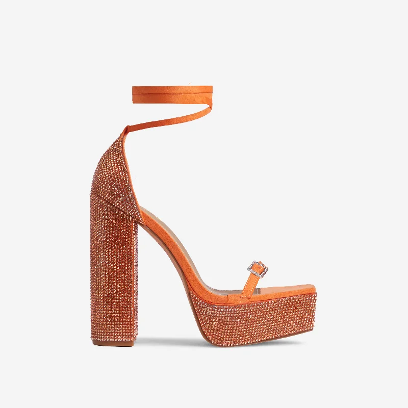 Tahlia Diamante Detail Square Toe Platform Block Heel In Orange Faux Suede