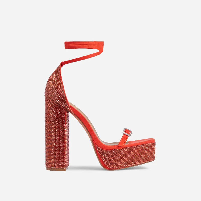 Tahlia Diamante Detail Square Toe Platform Block Heel In Red Faux Suede