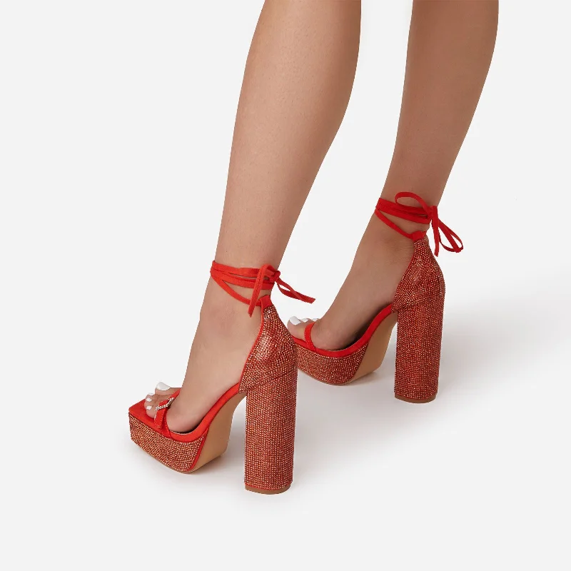 Tahlia Diamante Detail Square Toe Platform Block Heel In Red Faux Suede