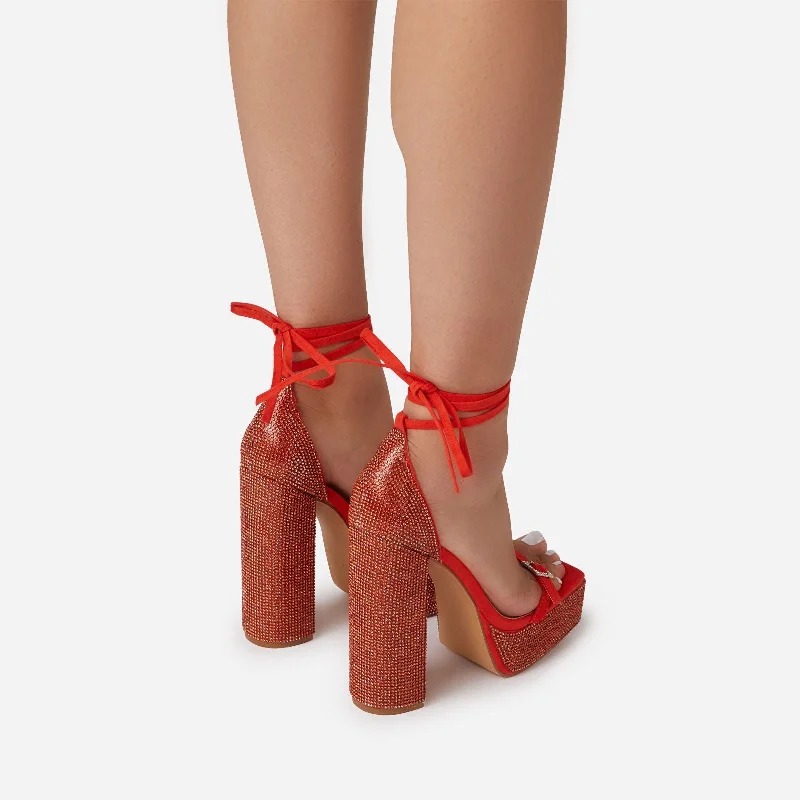 Tahlia Diamante Detail Square Toe Platform Block Heel In Red Faux Suede