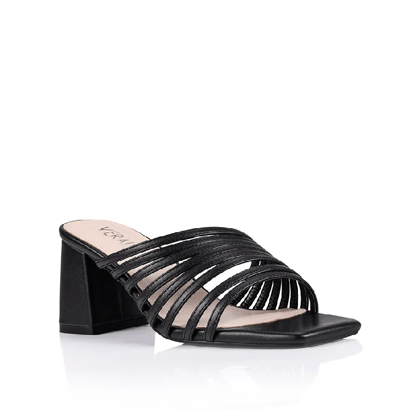 Star Block Heel Mules - Black Smooth