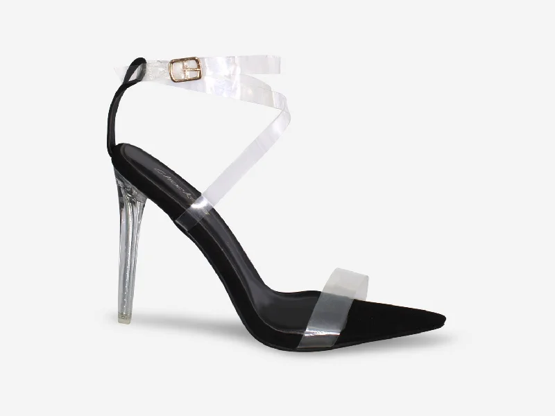 Whitney - Black Faux Suede Perspex Straps Clear Heel