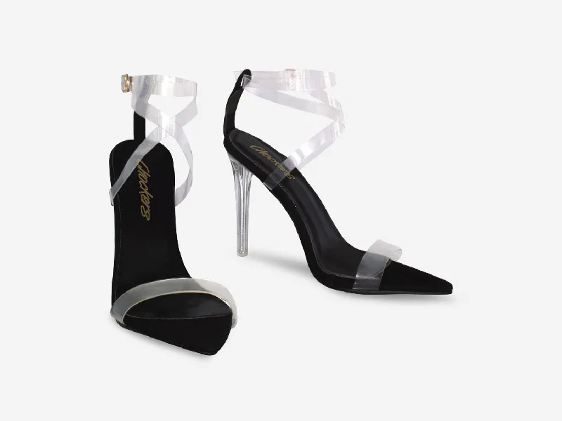 Whitney - Black Faux Suede Perspex Straps Clear Heel