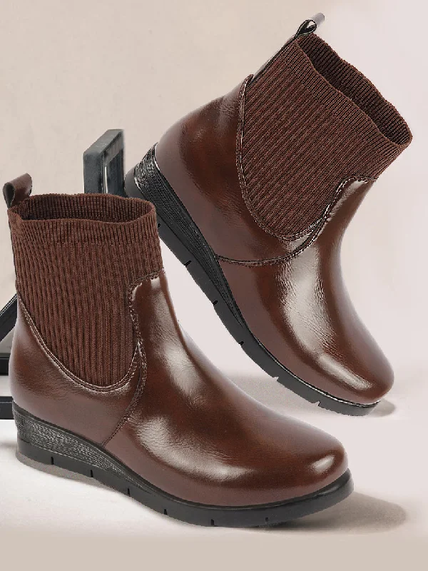 Women Brown Mid Top Socks Collar Slip On Broad Feet Wedge Heel Work Boots