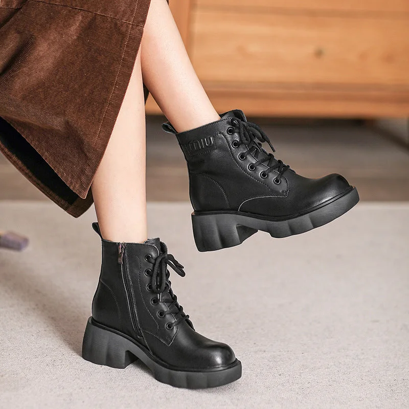 Women Retro Leather Patchwork Chunky Heel Boots