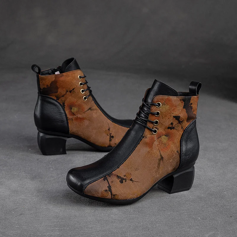 Women Retro Patchwork Handmade Chunky Heel Boots