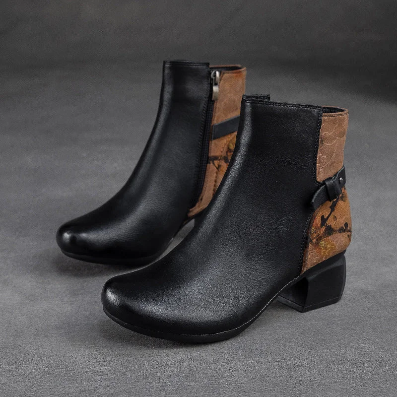 Women Retro Patchwork Handmade Chunky Heel Boots