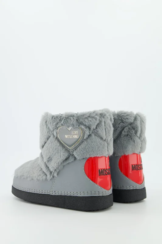 Women's Love Moschino Grey Chunky Fur Ski Boots