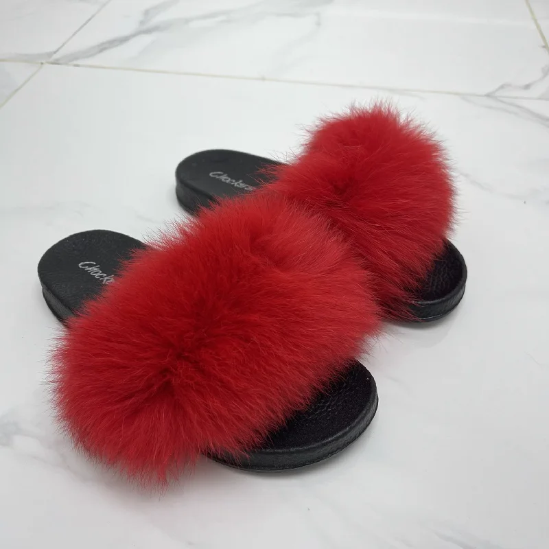 Celine - Red Faux Fur Fluffy Sliders