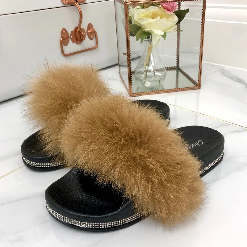 Ellie - Camel Vegan Fur Fluffy Sliders With Diamanté Sole